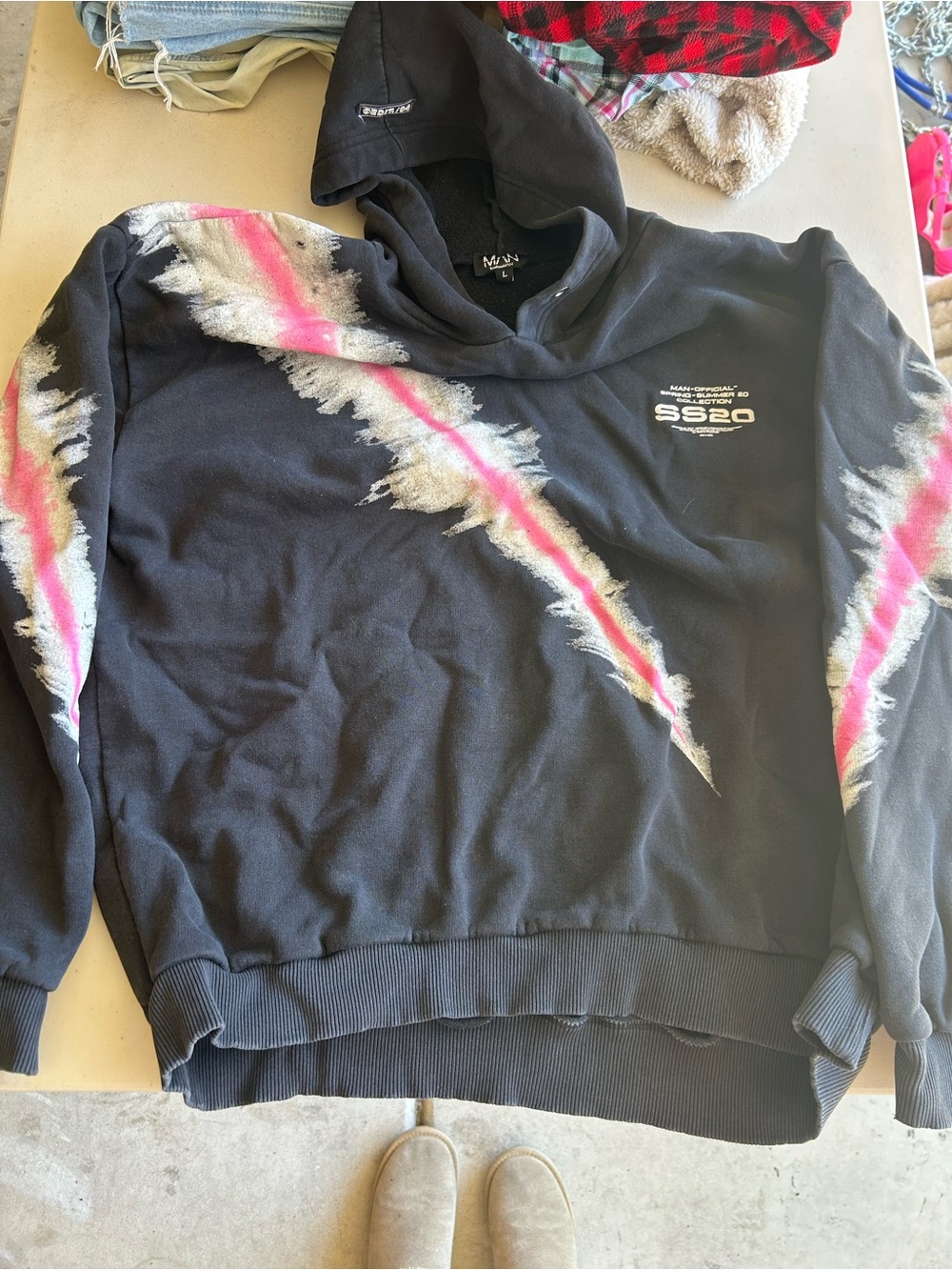 MCM Black Zip-Up Sweater with Pink and White Brushstroke Accents